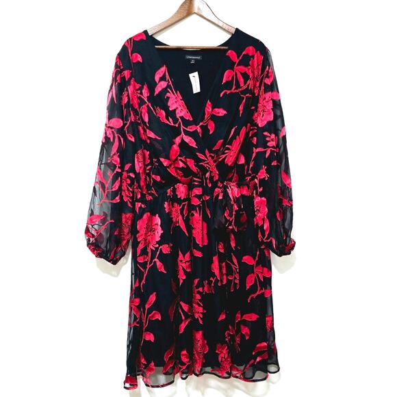 Lane Bryant Floral Chiffon Faux-Wrap Dress Size 24 Red Floral Holiday Valentines - Picture 2 of 10